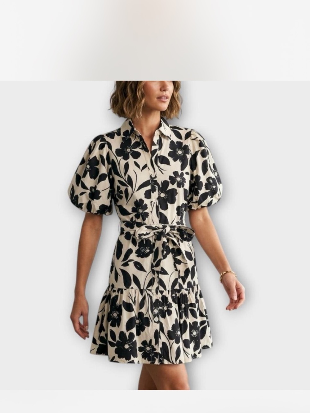 Floral Puff-Sleeve Shirt Dress - Black & Cream